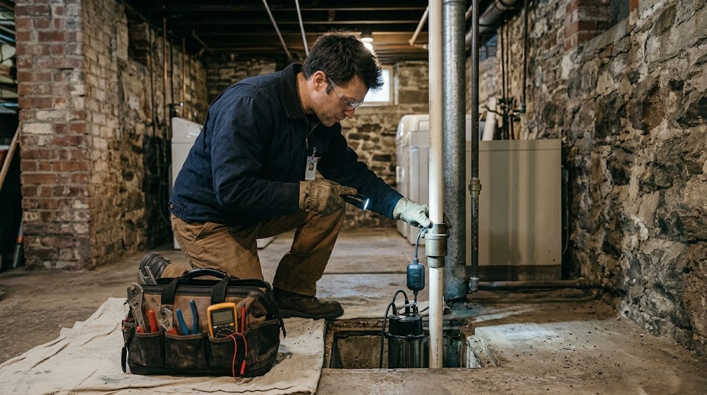 Heavy-duty submersible sump pump and check valve installation in basement pit